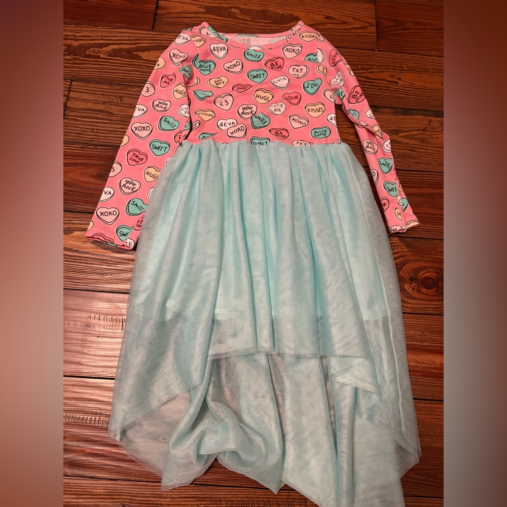 Heart Print Long Sleeve Dress with Blue Skirt